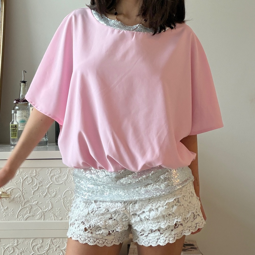Baby Pink Sequin Trim Flowy Top